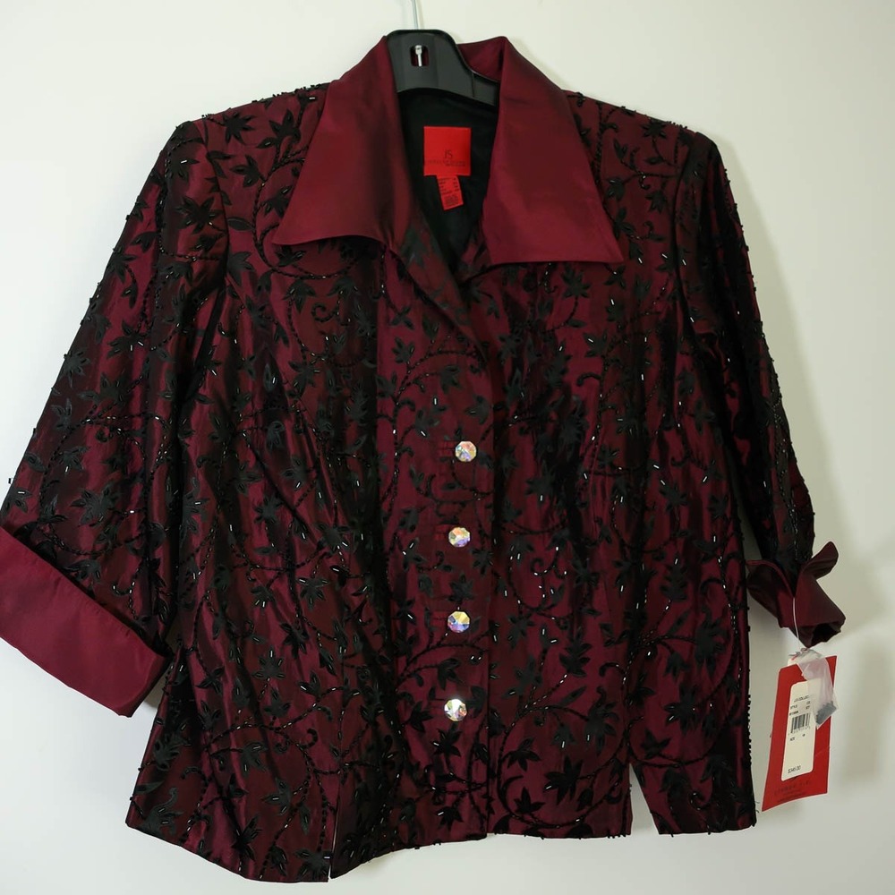JS Collections Woman Jacket 18 Burgundy NWT Beaded Floral Evening Blazer 851500A